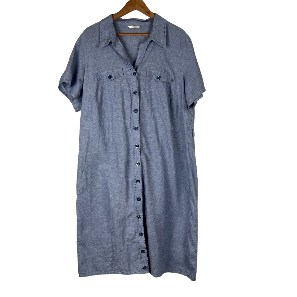 Marks & Spencer Womens Linen Shirtdress XL Light Blue Contrast Stitching Coastal